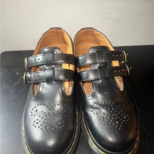 Dr. Martens Black Double-Strap Mary Jane Shoes with Yellow Stitching